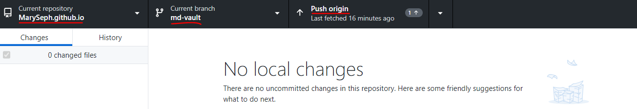 screenshot of Github Desktop ribbon highlighting the repo's name, the branch, and the Push to repo action